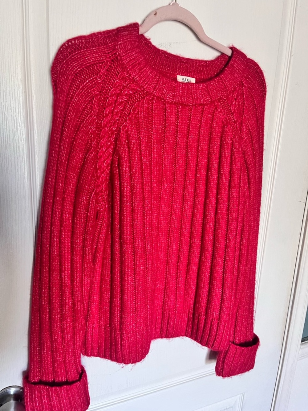 a.n.a Hot Pink Ribbed Cable-Shoulder Crewneck Sweater
